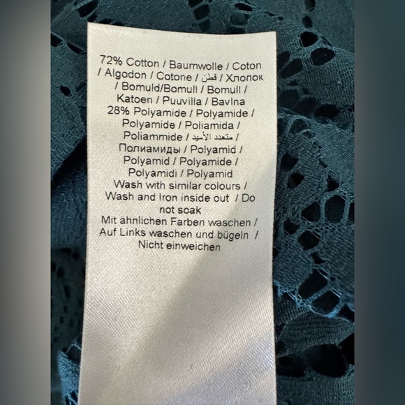 Women’s Part Two Grethe Lace Ruffle Sleeve Dark Teal Blouse Leaf Pattern Button - Picture 6 of 6